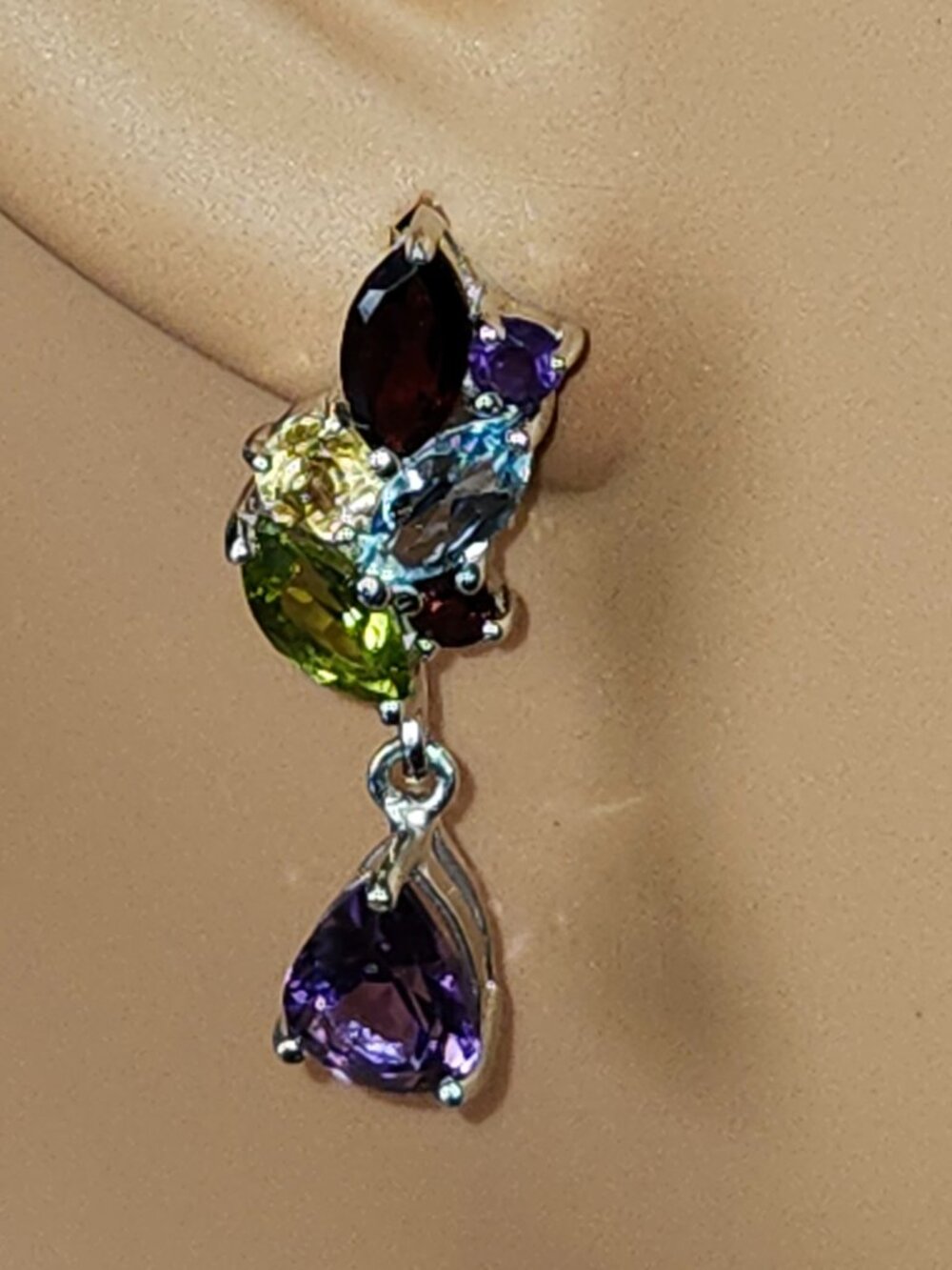 .925 Sterling Silver Amethyst/Garnet/Peridot/Citrine Topaz Earrings. Value $690